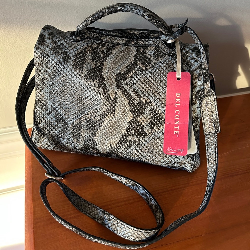 NWT $475 Del Conte Genuine Italian Leather Cross Body Bag - Python Snakeprint